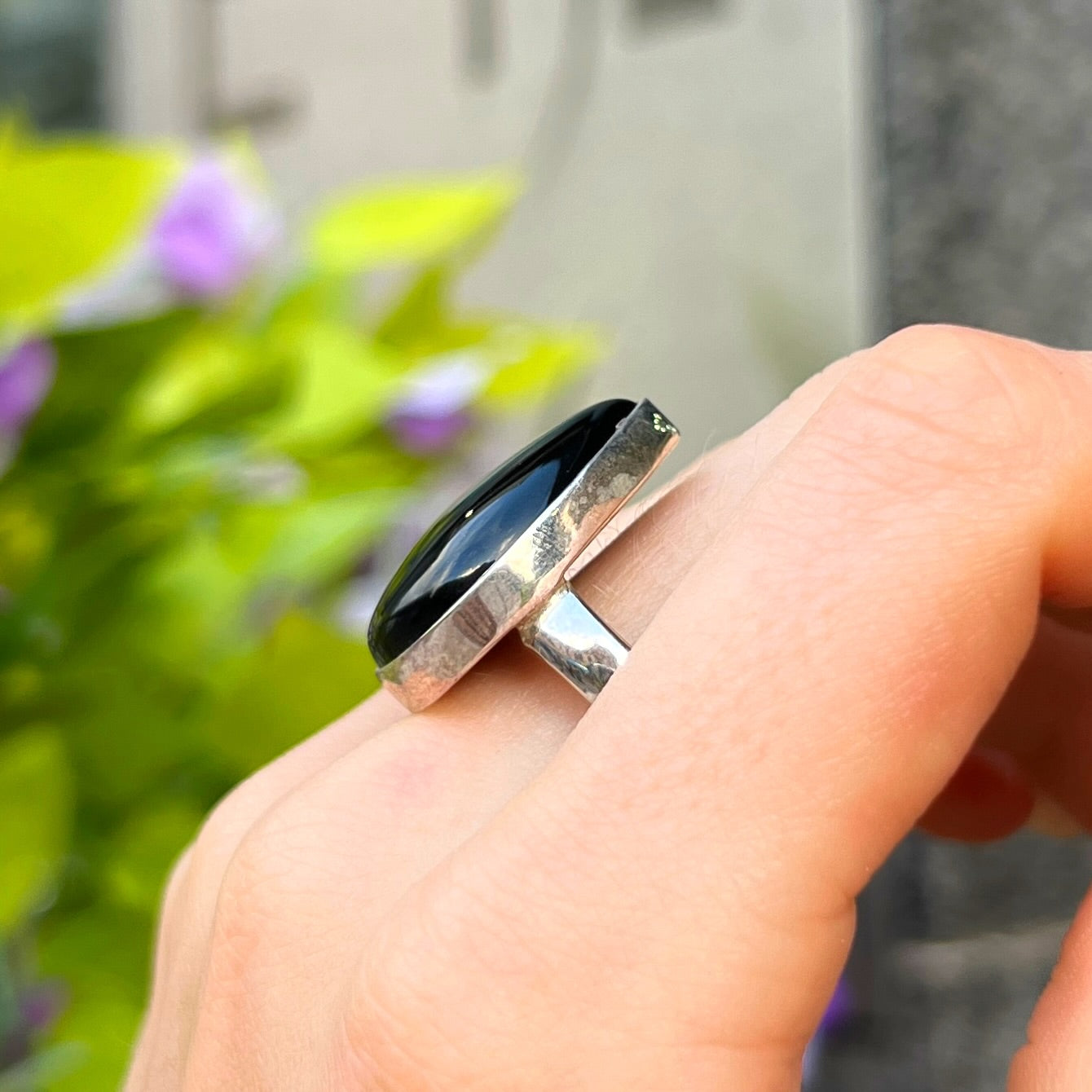 Sterling Silver Pear Cut Black Onyx Ring - Size P