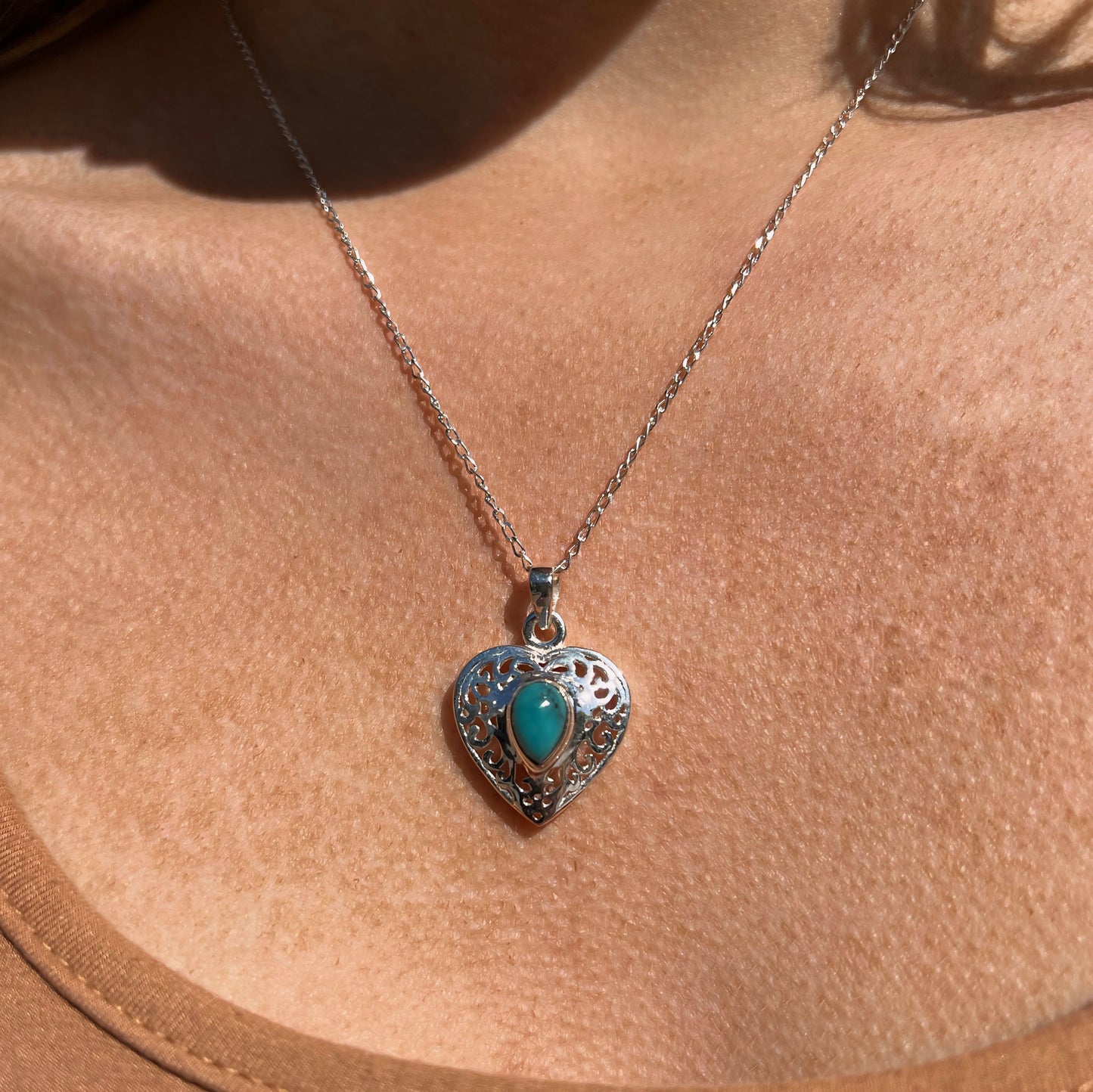 Sterling Silver Turquoise Openwork Heart Necklace