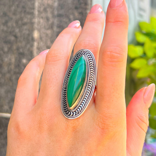 XL Chunky Boho Inspired Green Malachite Ring - Size R