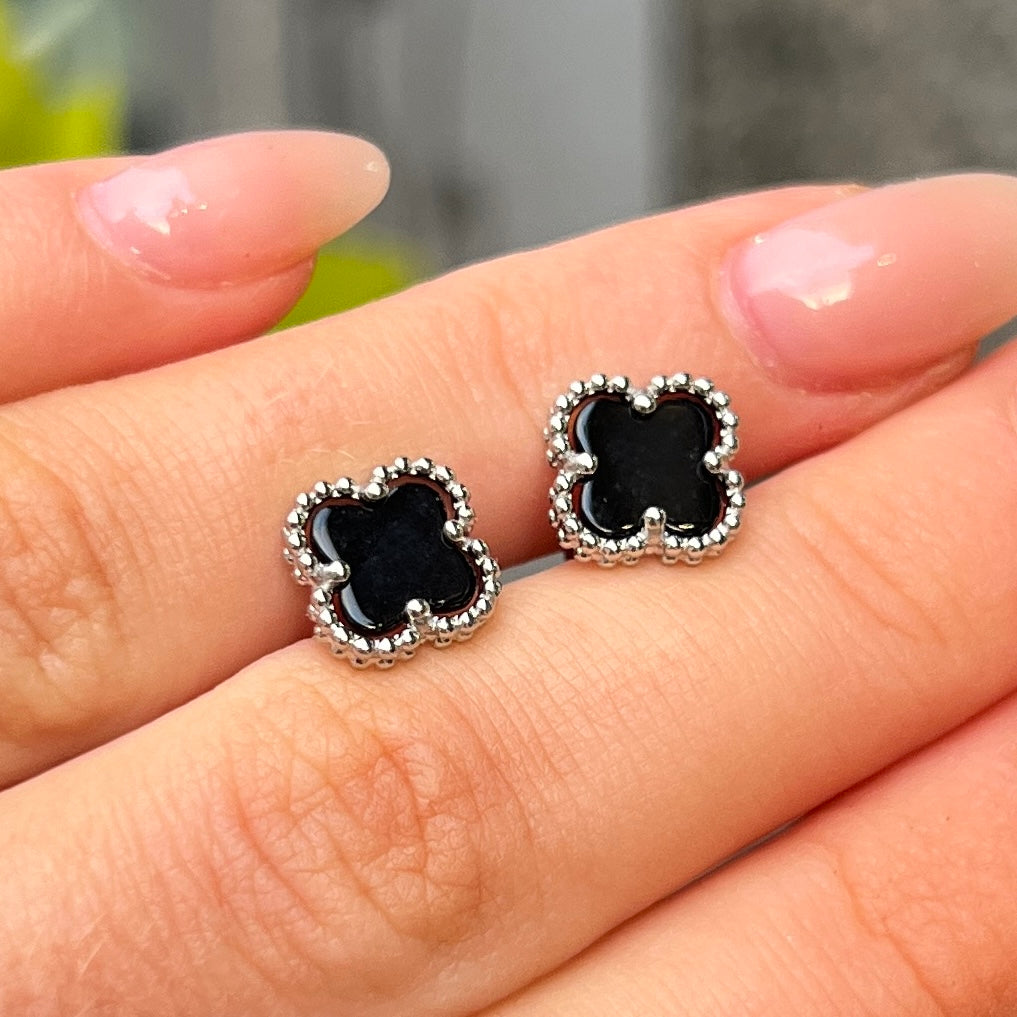 Sterling Silver Black Onyx Clover Stud Earrings