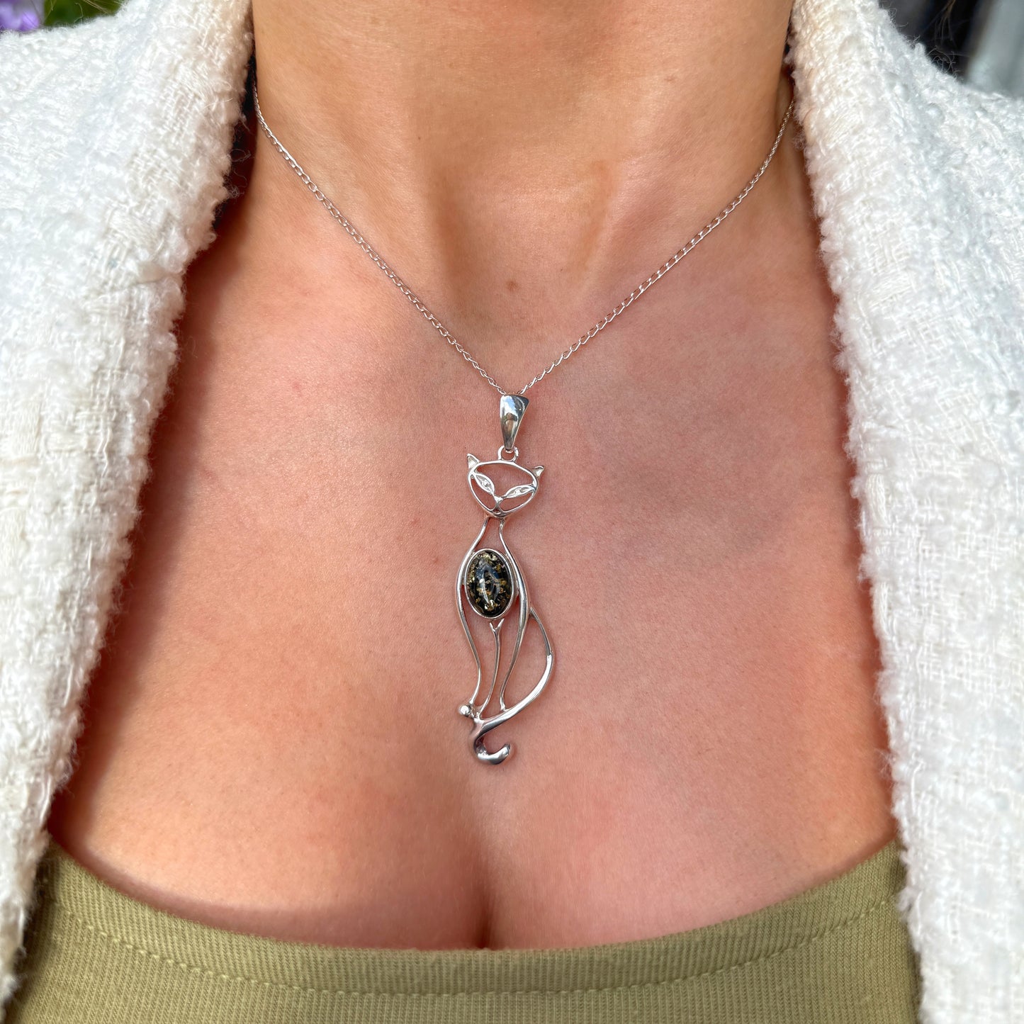 Green Amber Stylised Cat Sterling Silver Necklace