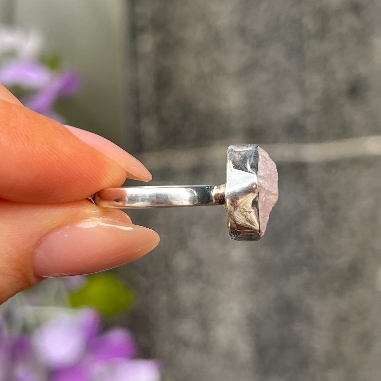 Square Rough Cut Rose Quartz Sterling Silver Ring | Size O