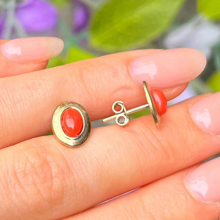 Rare Oval Coral 9ct Yellow Gold Stud Earrings