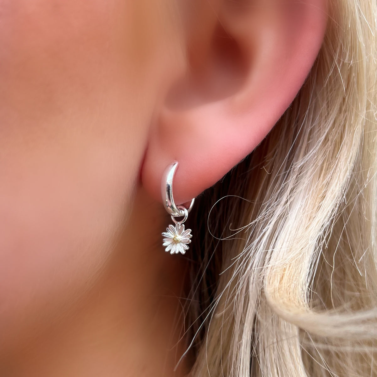 Sterling Silver Two-Tone Daisy Huggie Hoop Earrings