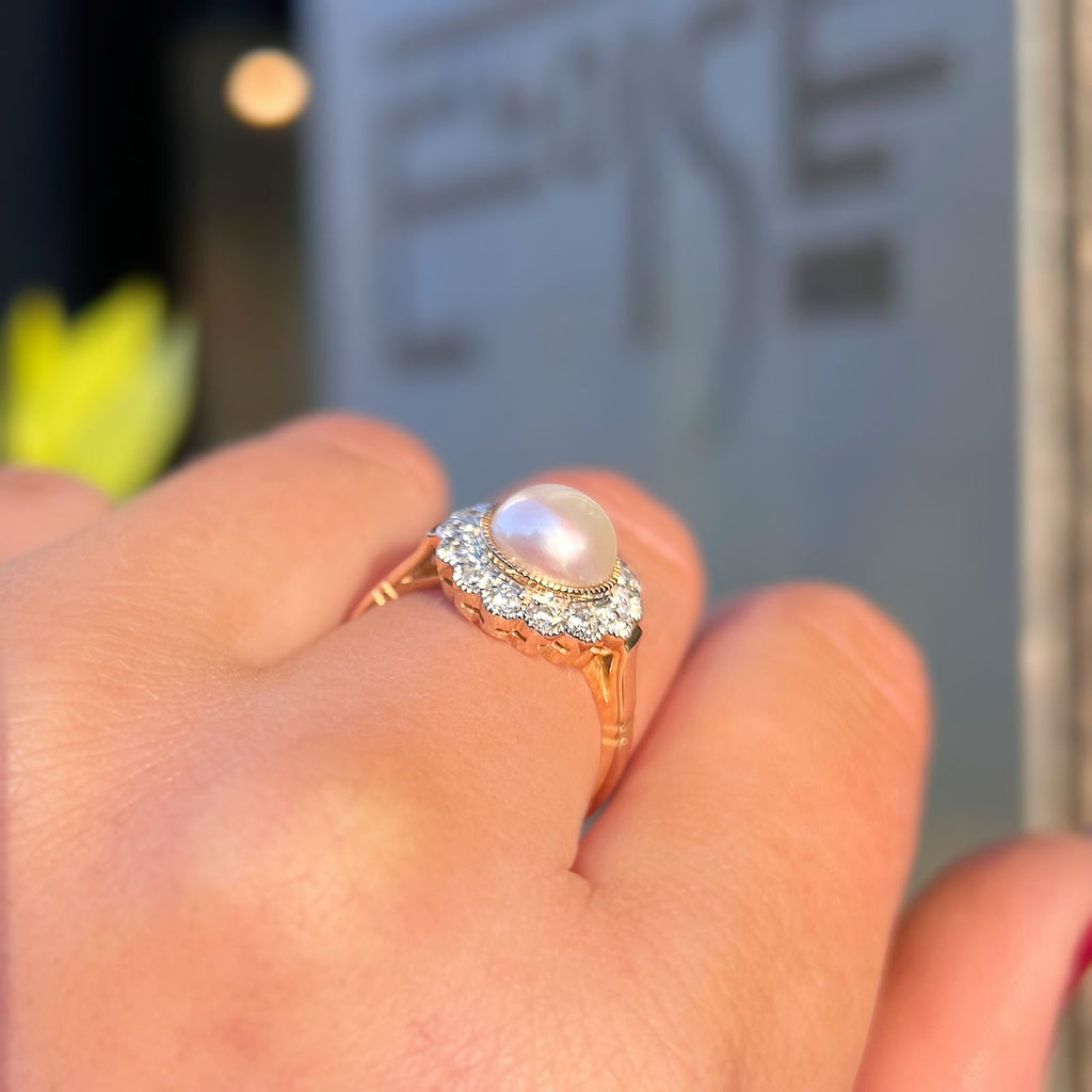 'The Audrey' Pearl and Diamond 9ct Yellow Gold Halo Cluster Ring | Size O