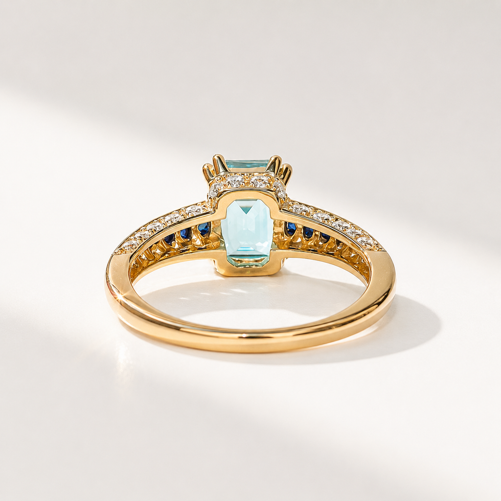 Blue Topaz Sapphire and Diamond 9ct Yellow Gold Engagement Ring | Size M ½