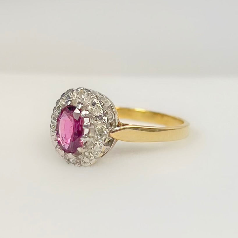 Vintage 9ct Yellow Gold Ruby and Diamond Cluster Ring - Size L