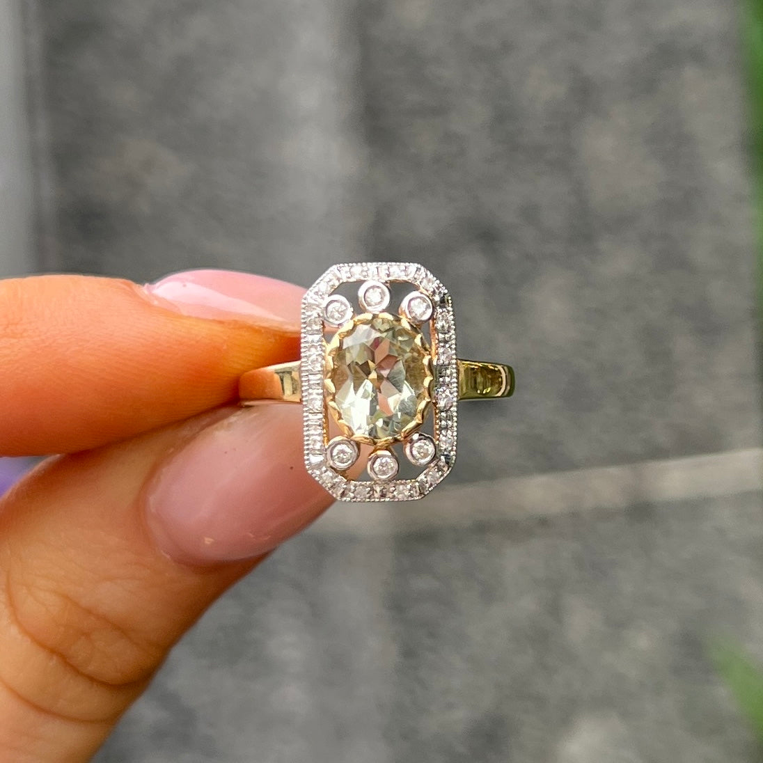 9ct Yellow Gold Green Amethyst and Diamond Ring - Size M