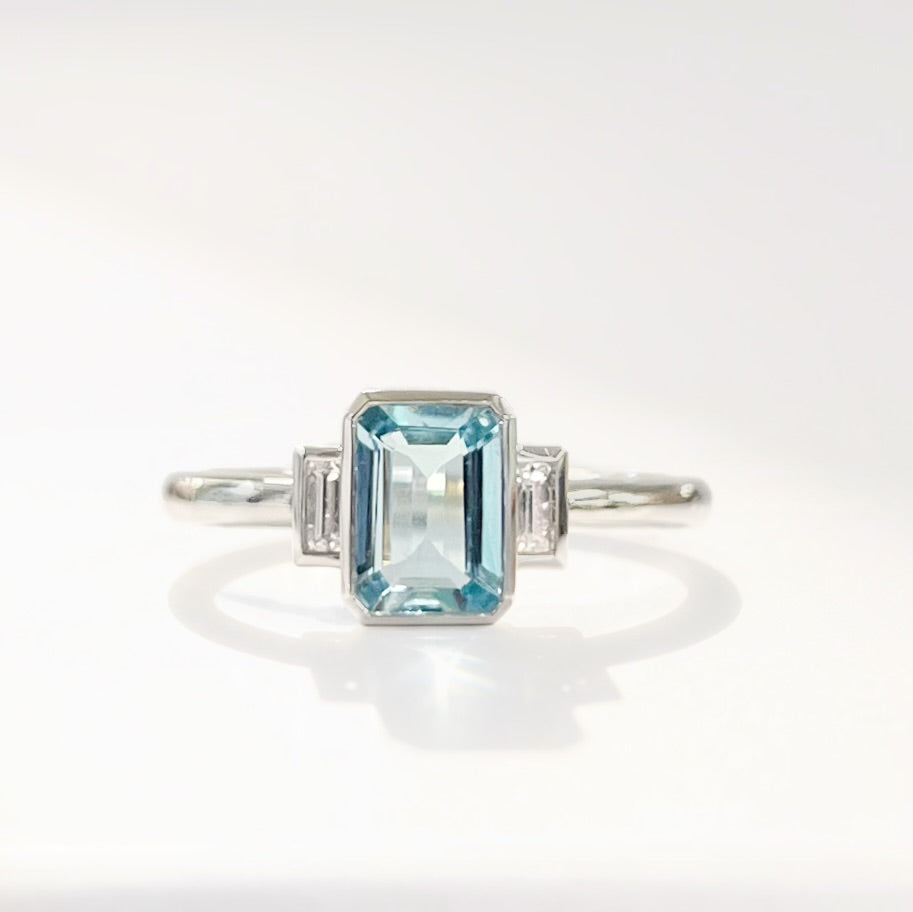 Incredible 18ct White Gold Emerald-Cut Aquamarine and Baguette-Cut Diamond Trilogy Ring - Size N