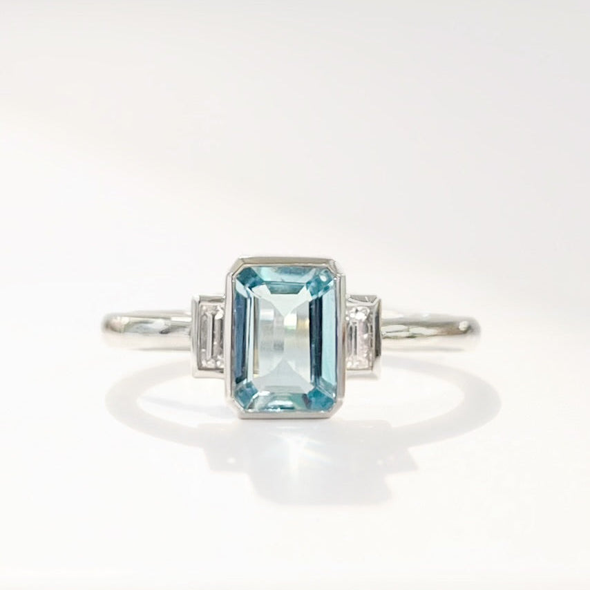 Emerald-Cut Aquamarine and Baguette-Cut Diamond 18ct White Gold Trilogy Ring | Size N