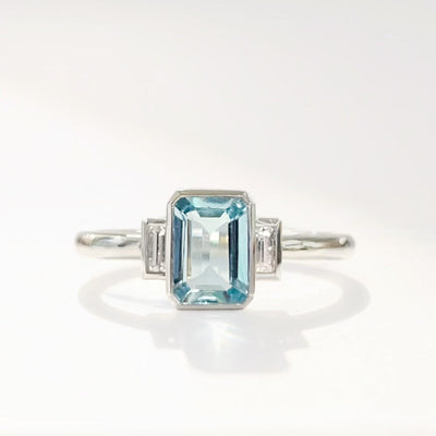 Emerald-Cut Aquamarine and Baguette-Cut Diamond 18ct White Gold Trilogy Ring | Size N