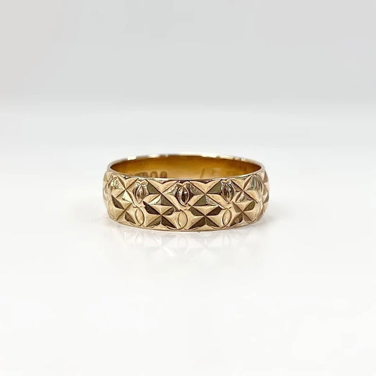 Vintage 9ct Yellow Gold Star Patterned Band - Size M 1/2