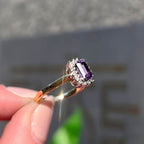 Vintage Emerald Cut Amethyst and Diamond 9ct Yellow Gold Halo Cluster Ring | Size K