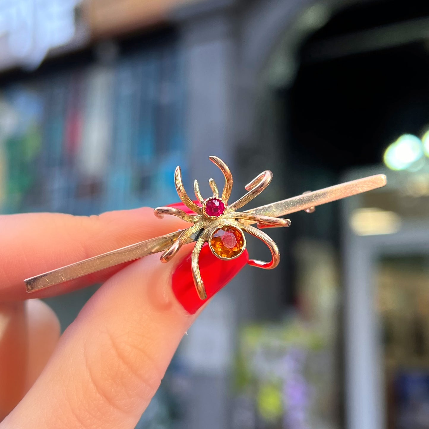 Antique 9ct Gold Citrine and Ruby Spider Bar Brooch