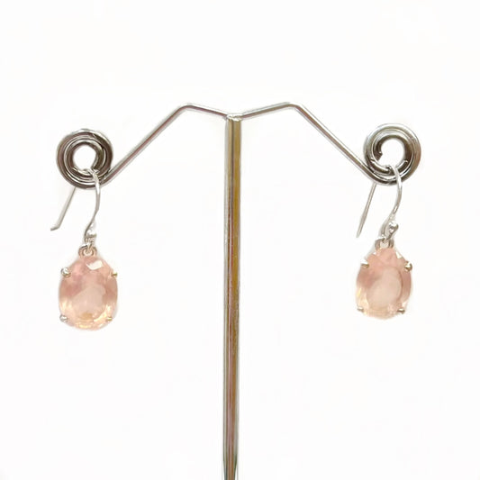 Pink Rose Quartz Sterling Silver Oval Faceted Drop Earrings