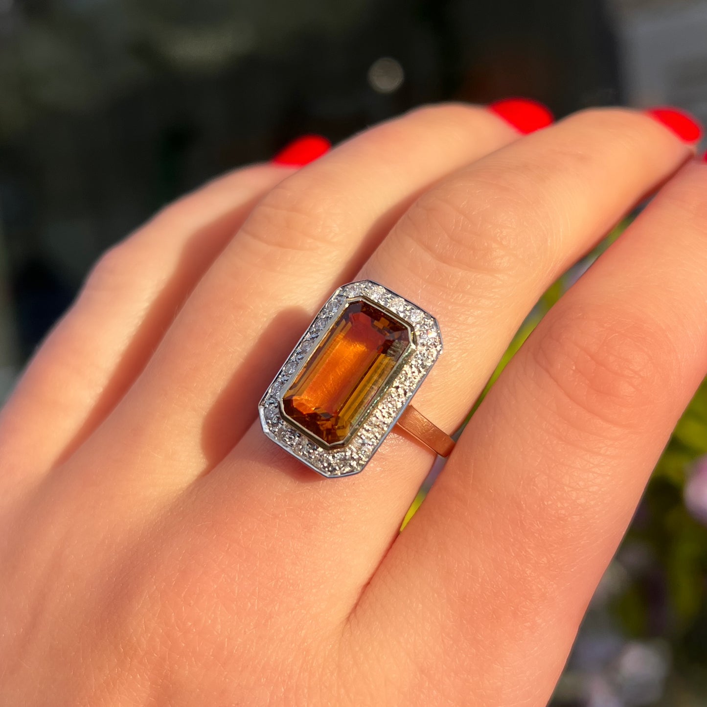 Art Deco Inspired 9ct Yellow Gold Madeira Citrine and Diamond Halo Cocktail Ring - Size N ½