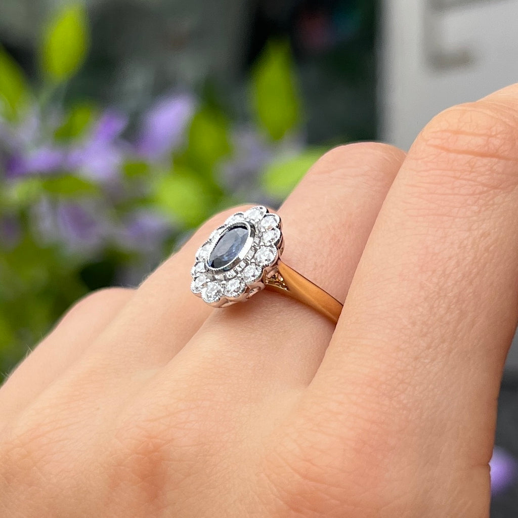 Ceylon Sapphire and Diamond 18ct Yellow Gold Cluster Ring | Size M ½