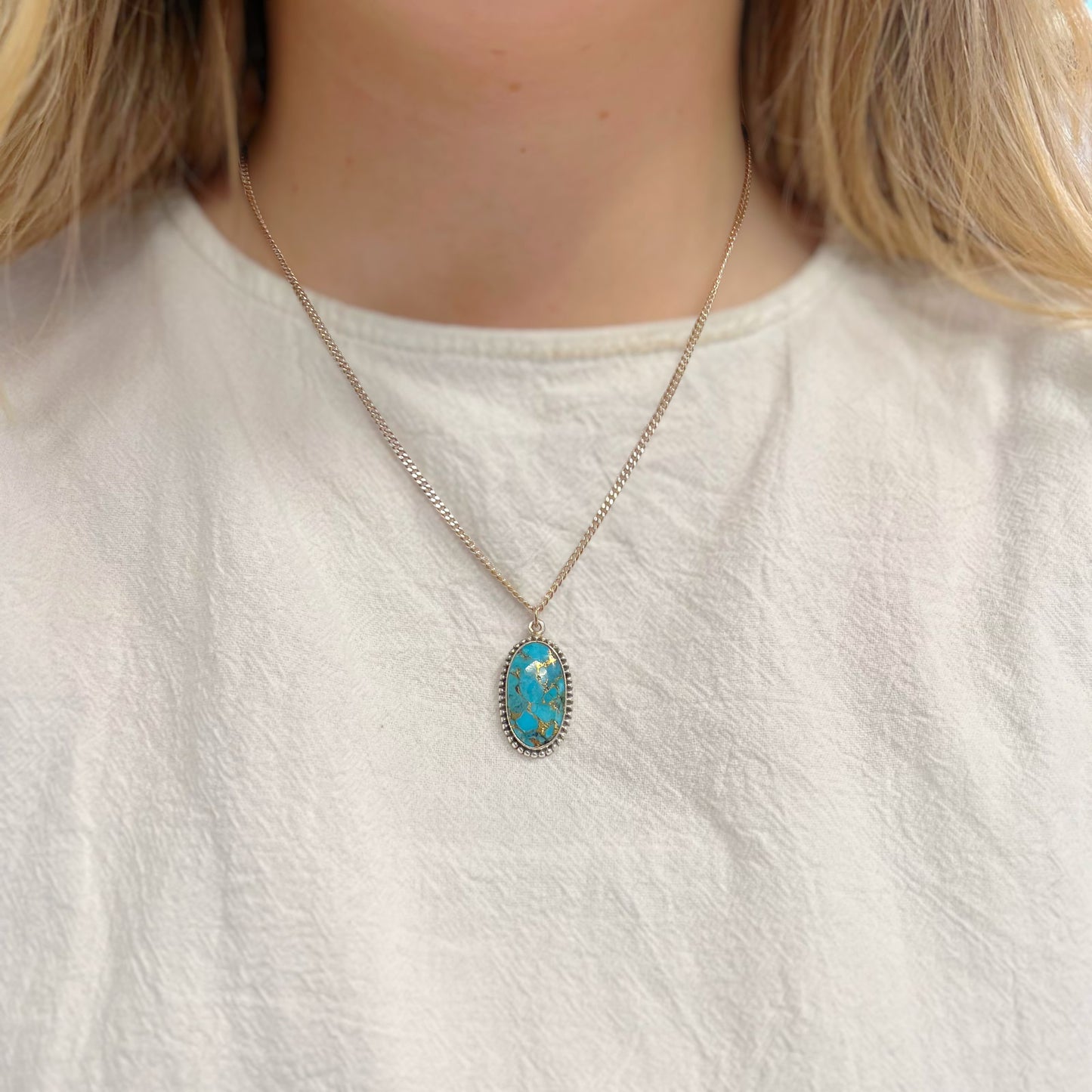 Sterling Silver Detailed Oval Turquoise Pendant