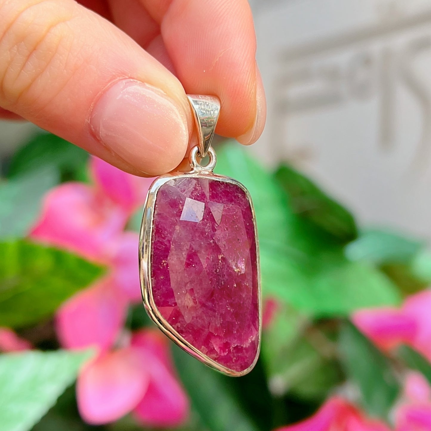 Unusual Sterling Silver Irregular Shaped Ruby Necklace
