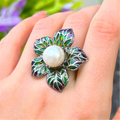 Pearl and Green/Purple Ombre Enamel Sterling Silver Ring | Size O