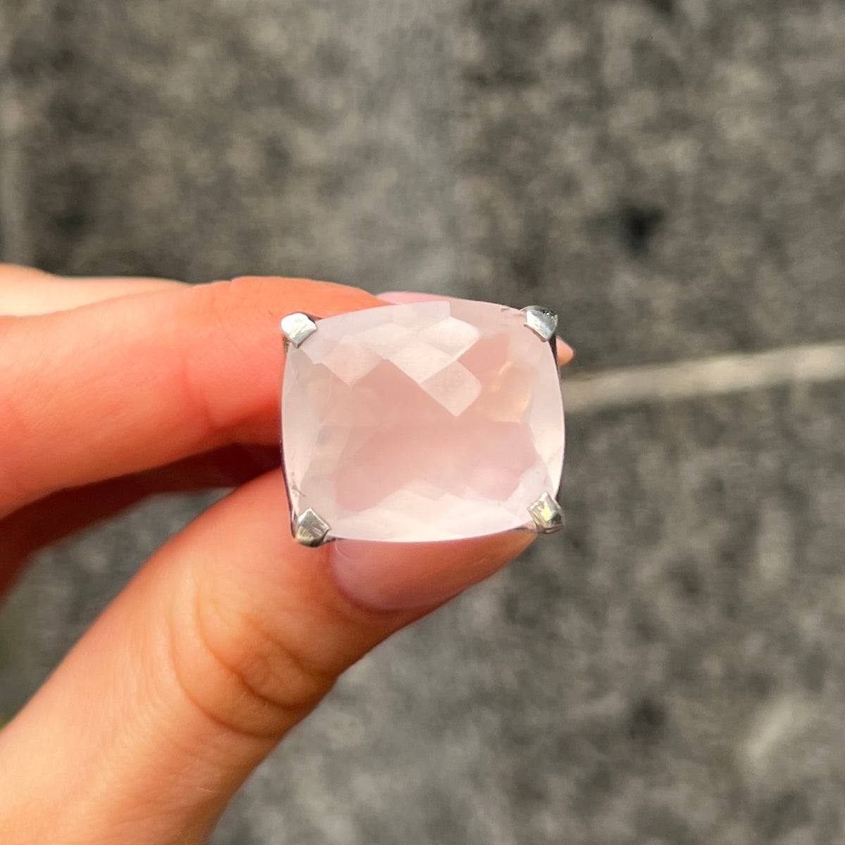 Checkerboard Cut Cabochon Rose Quartz Sterling Silver Chunky Ring | Size H
