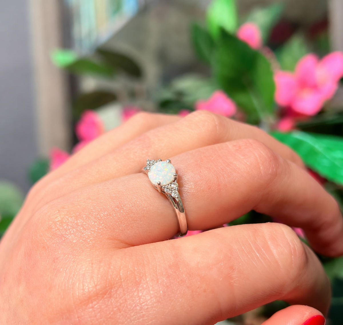 Opal & Cubic Zirconia Sterling Silver Ring - Size P