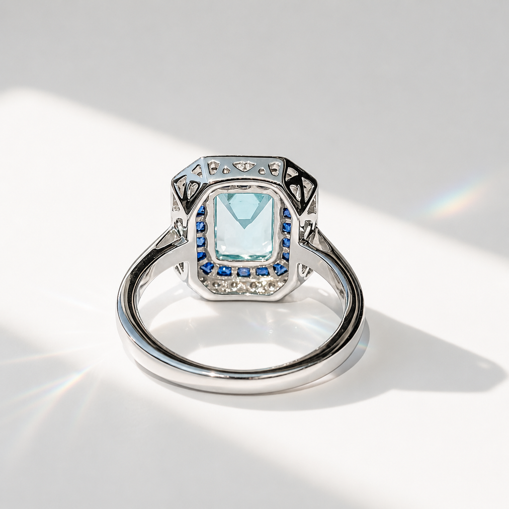 Art Deco Reproduction Blue Topaz, Sapphire and Diamond 9ct White Gold Ring | Size M ½