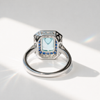 Art Deco Reproduction Blue Topaz, Sapphire and Diamond 9ct White Gold Ring | Size M ½