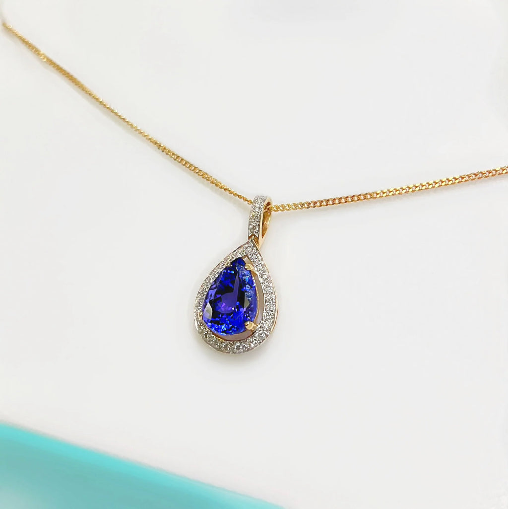 Vintage Pear Shaped Blue Tanzanite and Diamond 18ct Yellow Gold Necklace
