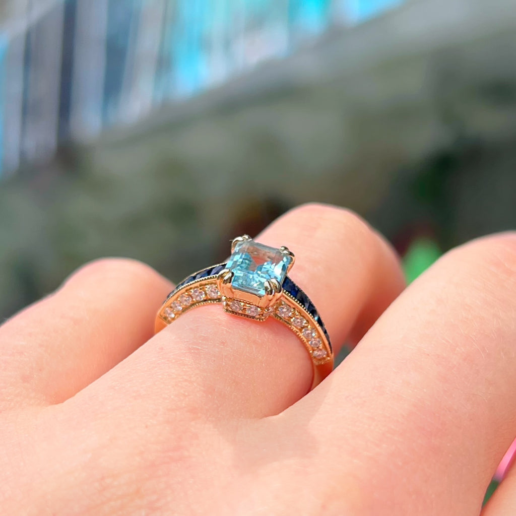 Blue Topaz Sapphire and Diamond 9ct Yellow Gold Engagement Ring | Size M ½