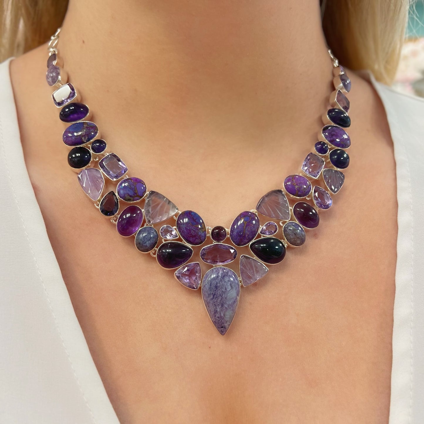 Chunky Sterling Silver Amethyst, Mohave Turquoise and Charoite Statement Necklace