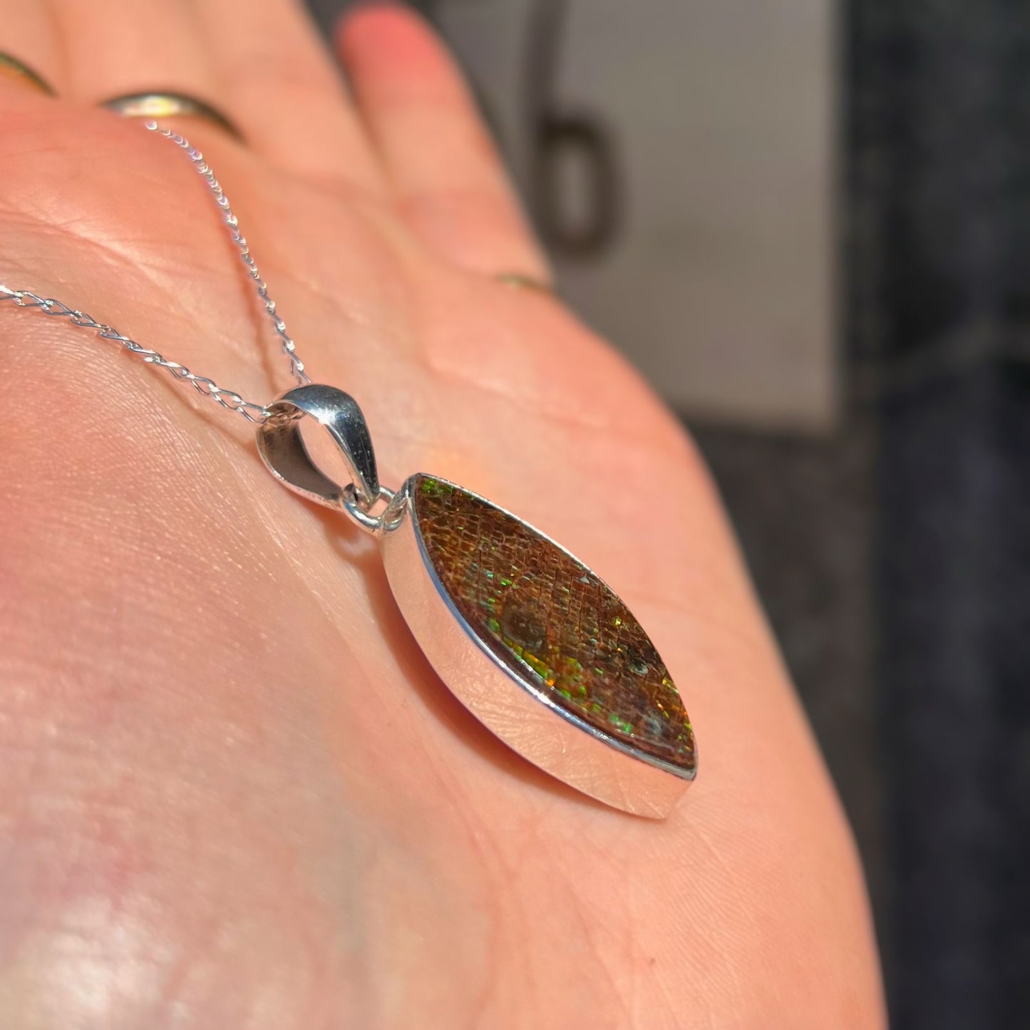 RARE Sterling Silver Fossilied Ammolite Marquise-Shaped Necklace