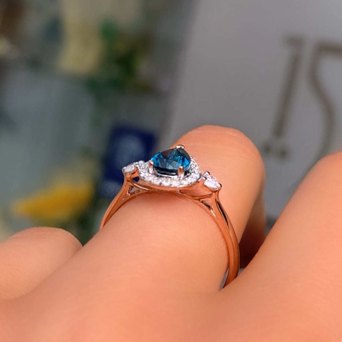 London Blue Topaz and Diamond 9ct Rose Gold Ring | Size M