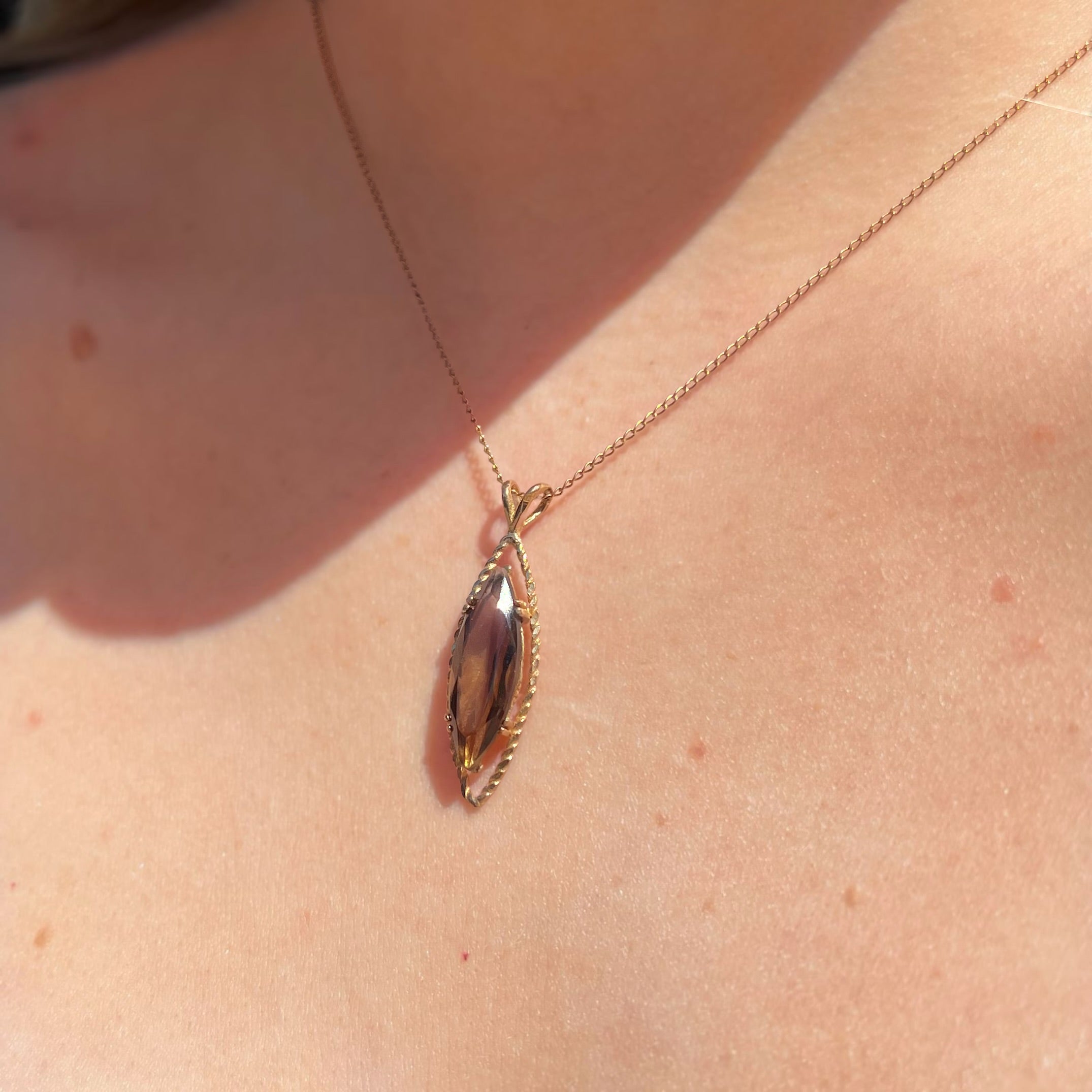 Vintage Smoky Topaz 9ct Yellow Gold Navette Shaped Necklace