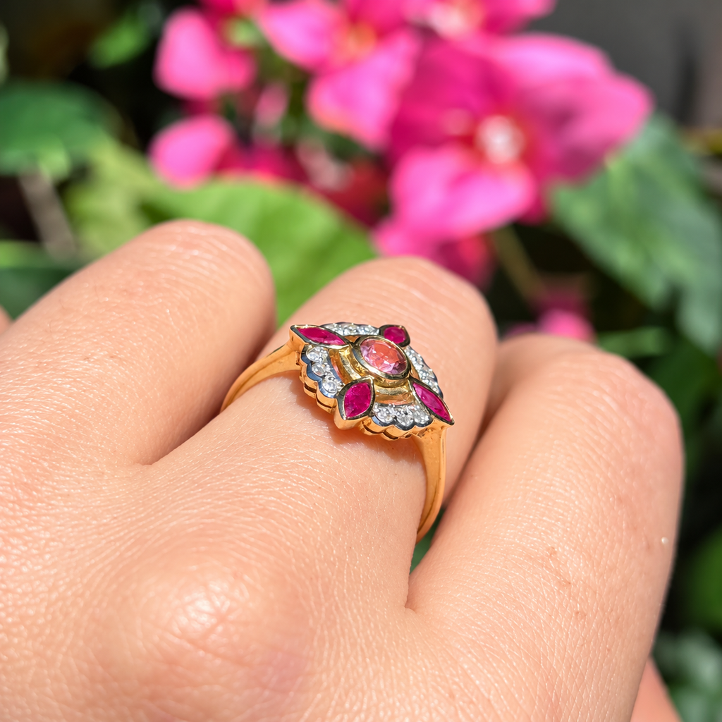 Edwardian Reproduction Pink Tourmaline, Ruby and Diamond 9ct Yellow Gold Ring | Size O