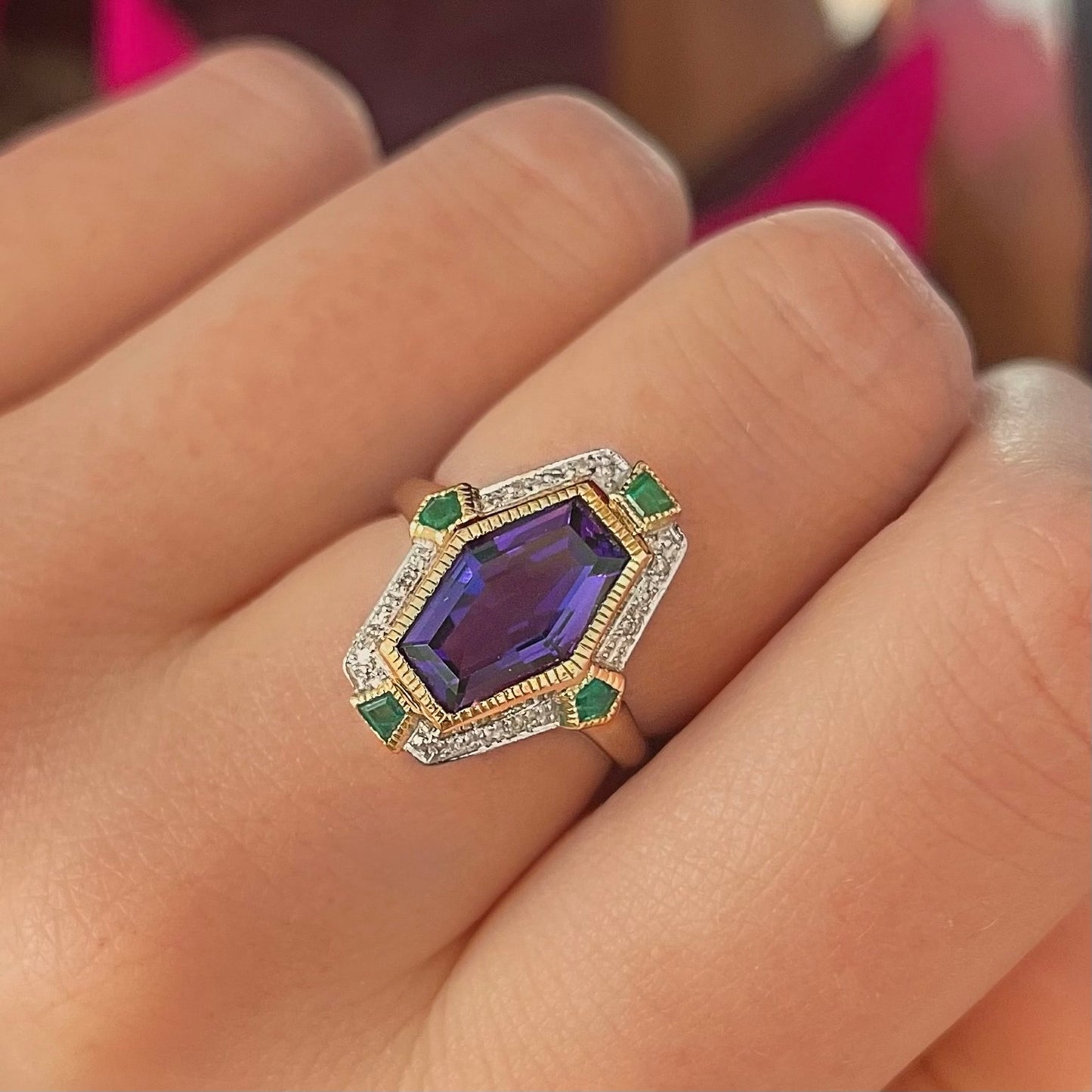 Art Deco Inspired 9ct Yellow Gold Amethyst Emerald and Diamond Ring- Size N