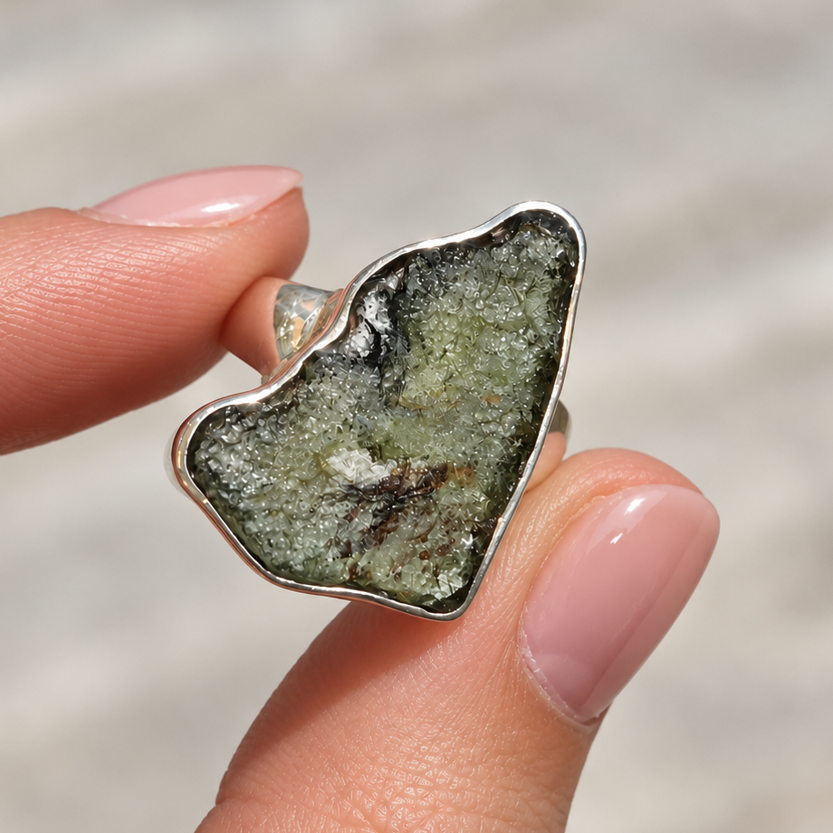 Rough Cut Green Moldavite Sterling Silver Ring | Size M