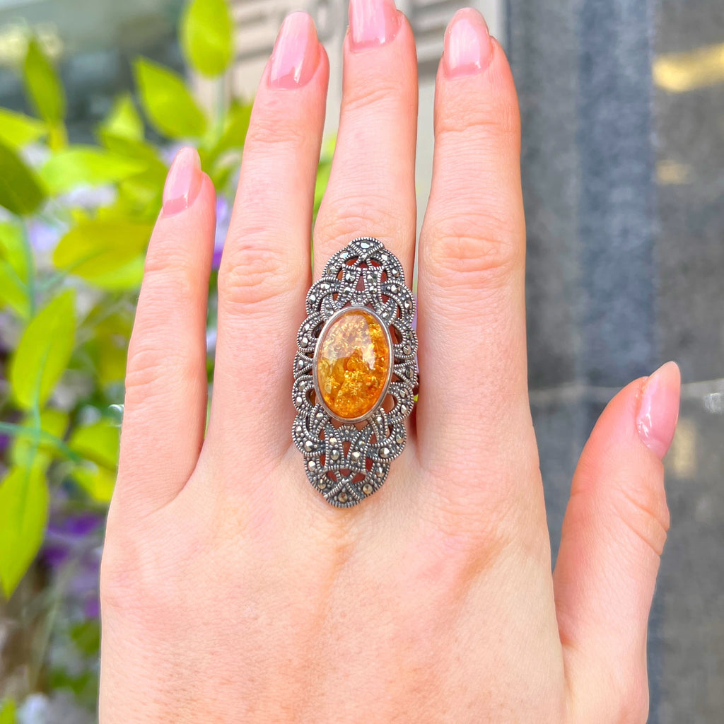 Orange Amber & Marcasite Sterling Silver Ring | Size O ½