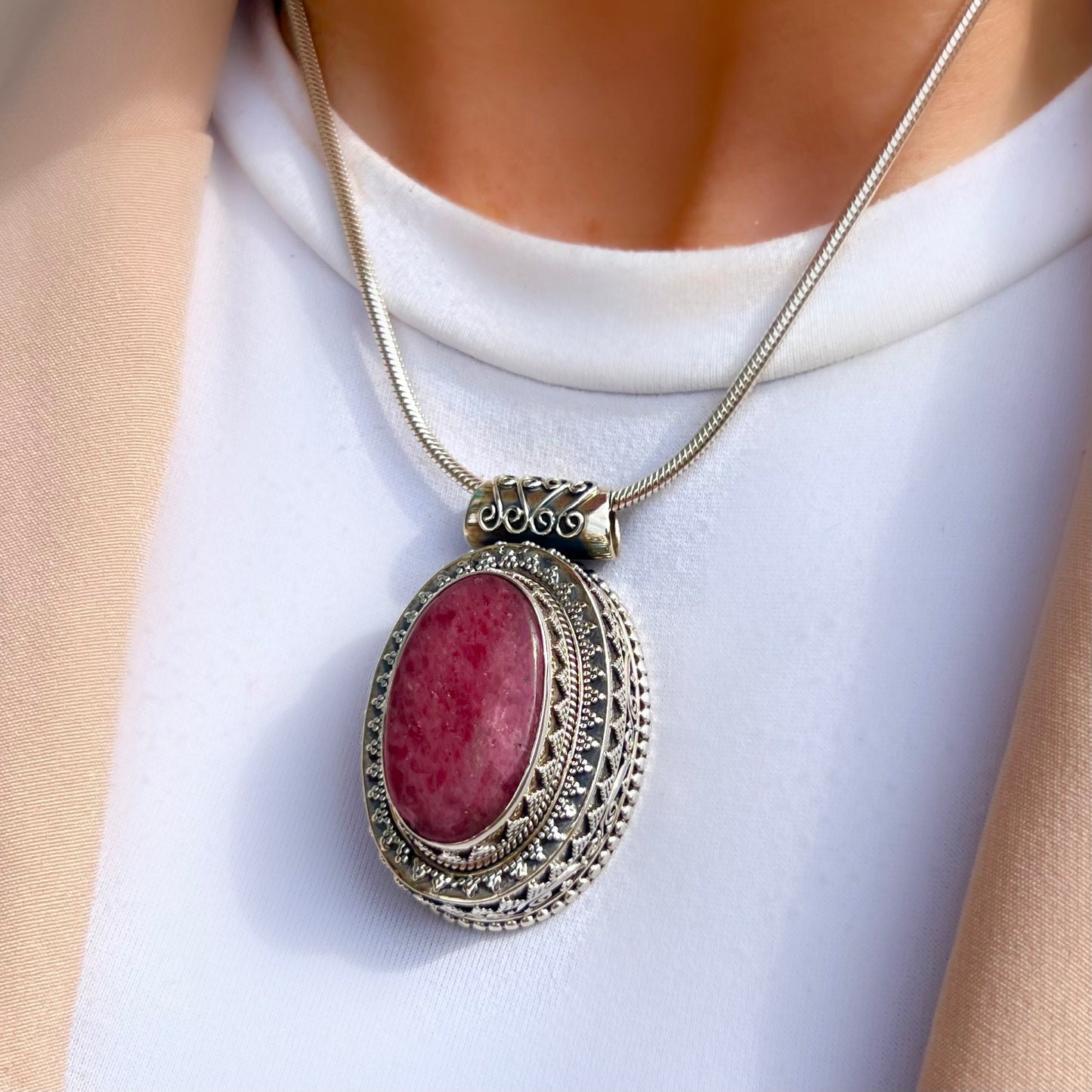 Ornate Bohemian Chunky XL Sterling Silver Ruby Pendant & Chain