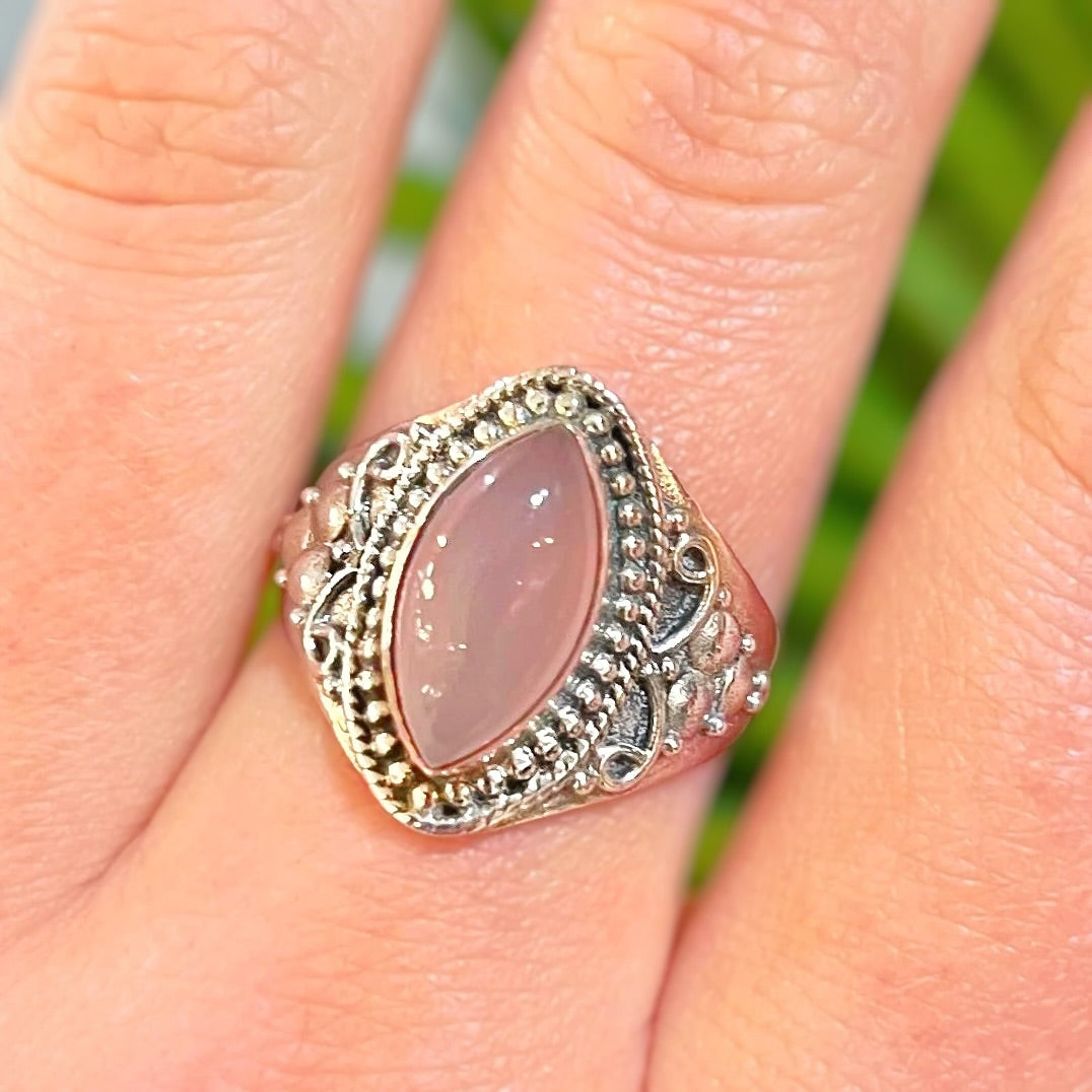 Pink Rose Quartz Sterling Silver Boho Ring - Size T