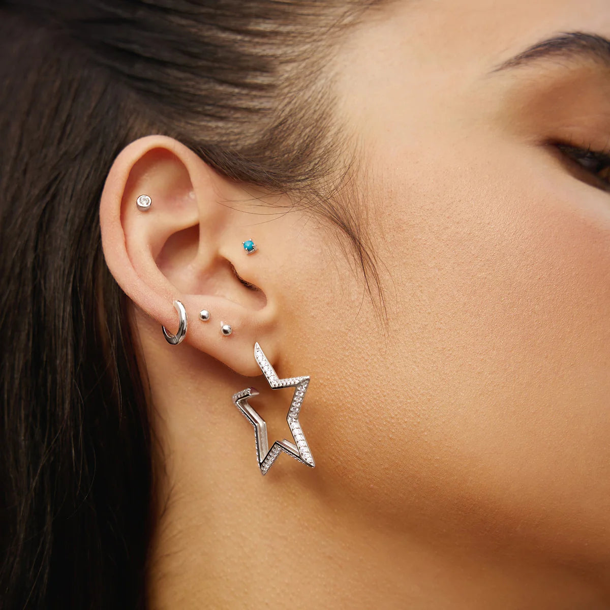 Ania Hae Silver Medium Star Pavé Hoop Earrings