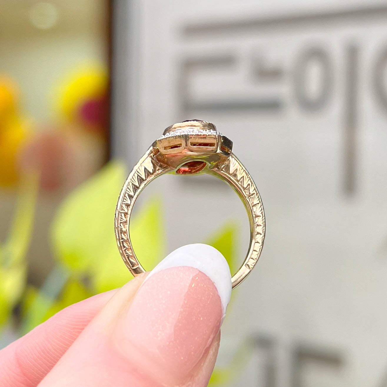 Art Deco Inspired 9ct Yellow Gold, Red Garnet and Diamond Ring - Size L 1/2