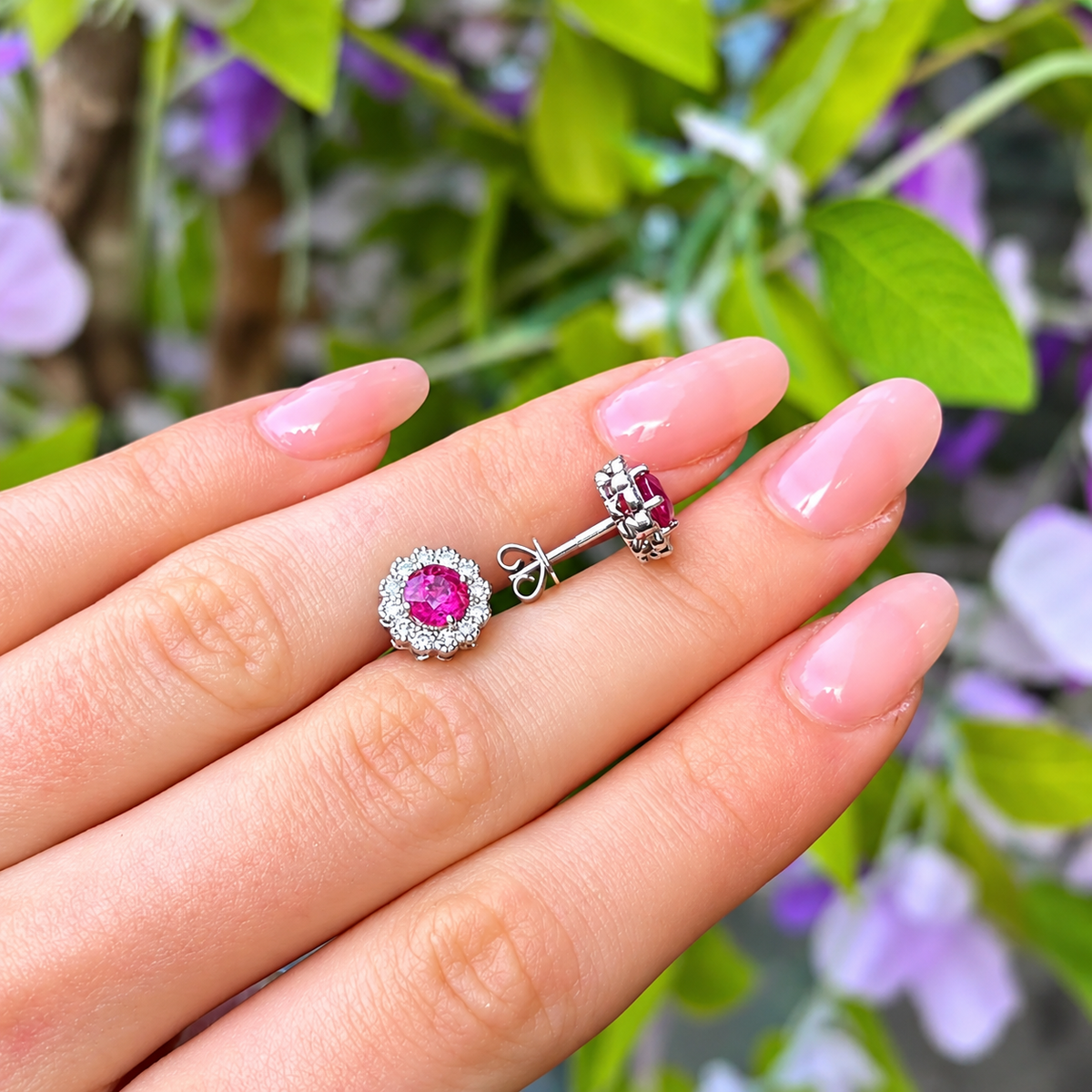 Ruby and Diamond 18ct White Gold Halo Stud Earrings