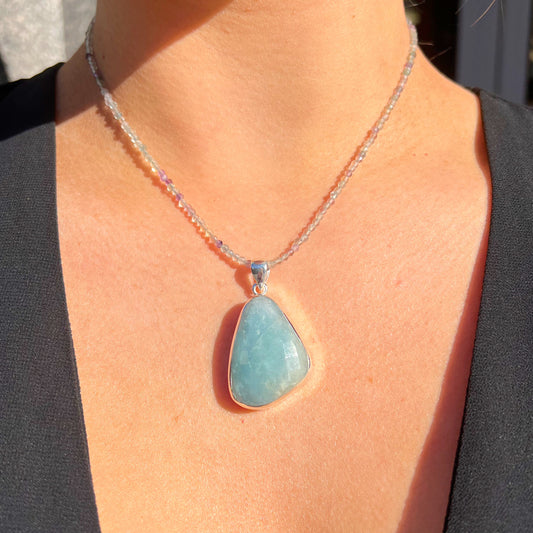 Chunky Sterling Silver Dreamy Aquamarine and Fluorite Beaded Chain Necklace