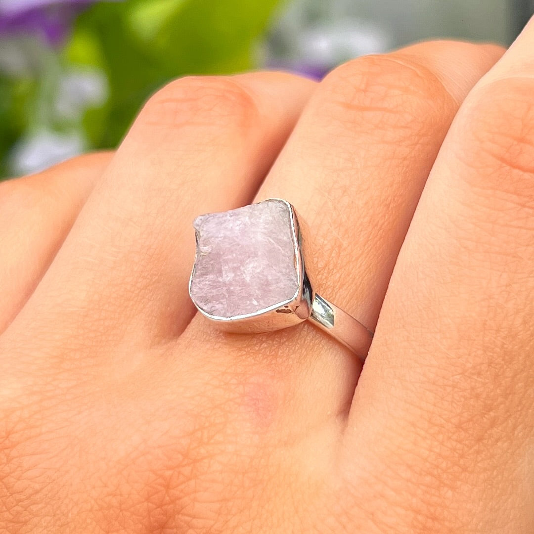 Square Rough Cut Rose Quartz Sterling Silver Ring | Size O