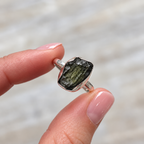 Rough Cut Green Moldavite Sterling Silver Ring | Size O