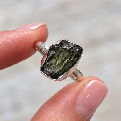 Rough Cut Green Moldavite Sterling Silver Ring | Size O