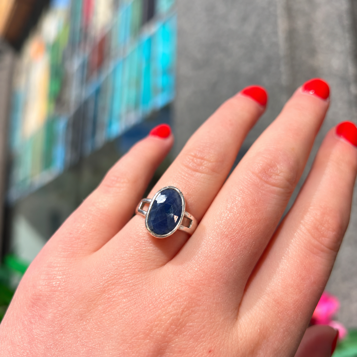 Blue Sapphire Sterling Silver Irregular Oval Ring | Size Q 1/2