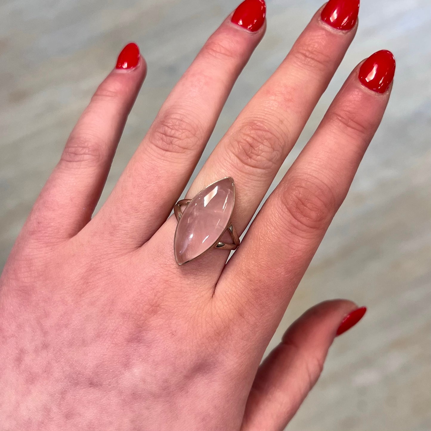 Pink Rose Quartz Sterling Silver Marquise Cut Ring - Size Q