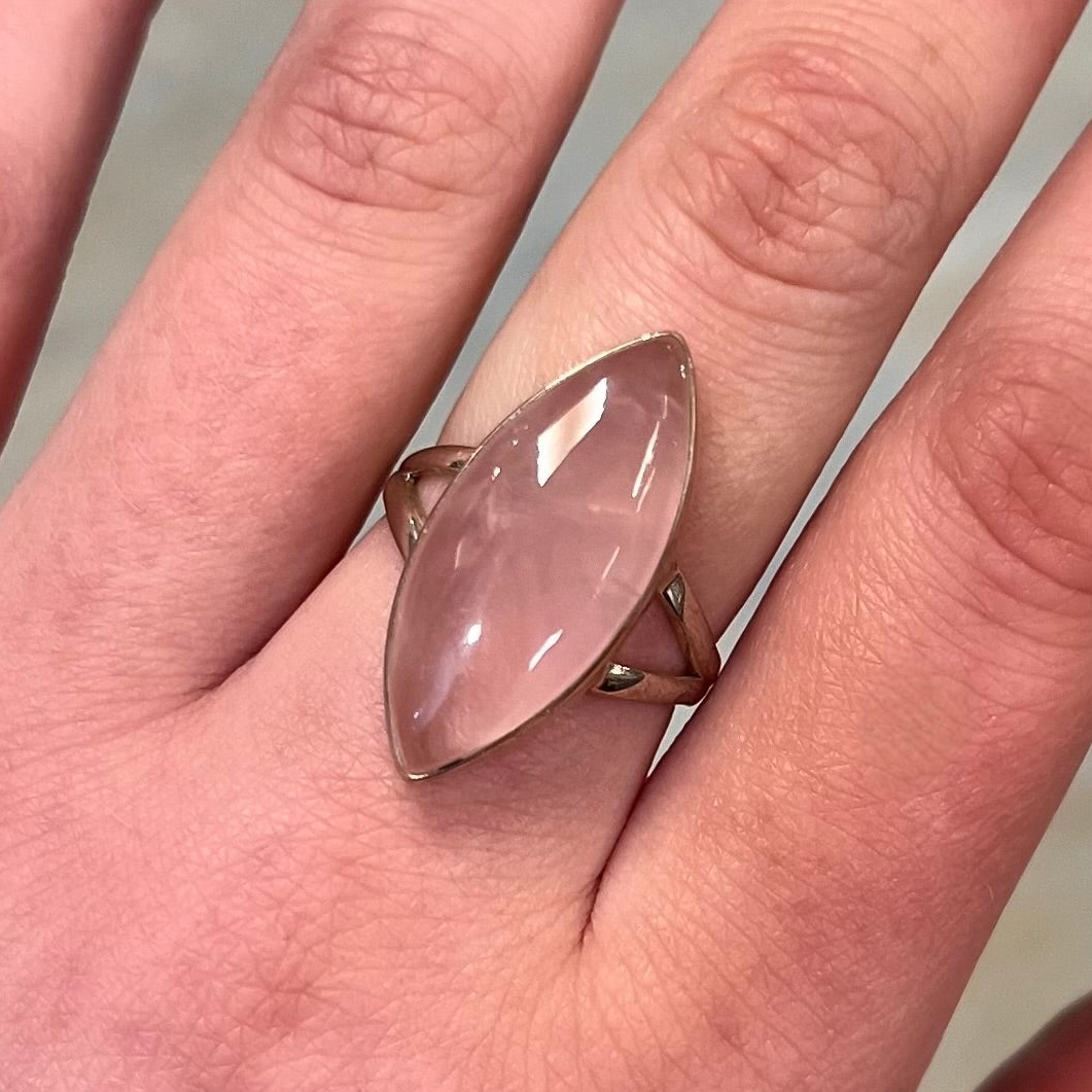 Pink Rose Quartz Sterling Silver Marquise Cut Ring - Size Q